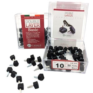 May include: A clear plastic box filled with 50 pairs of black heel tips. The box has a label that says "Double Layer Basic" and "Casali". The heel tips are 3.0 mm in size.