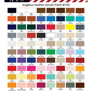 May include: A color chart of 720 leather acrylic paints. The chart is organized in rows and columns, with each color represented by a small square. The colors range from black to white, with many shades of brown, red, blue, green, and yellow.