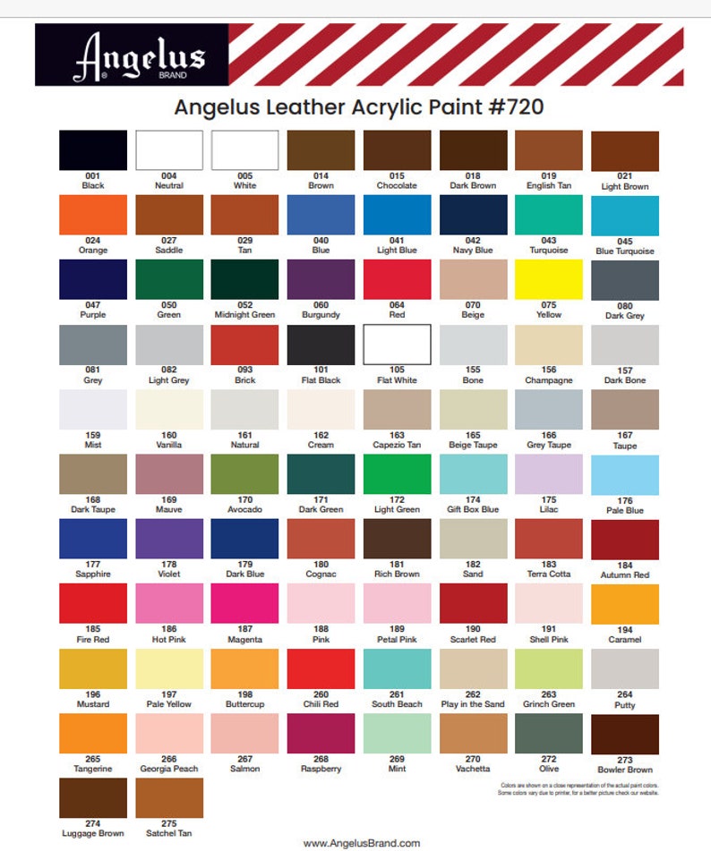 May include: A color chart of 720 leather acrylic paints. The chart is organized in rows and columns, with each color represented by a small square. The colors range from black to white, with many shades of brown, red, blue, green, and yellow.