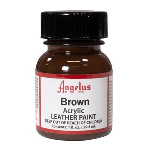 May include: A small brown bottle of Angelus brand Brown Acrylic Leather Paint. The bottle has a black cap and a white label with the text "Angelus Brown Acrylic Leather Paint Keep Out of Reach of Children Contents: 1 fl. oz. / 29.5 ml."