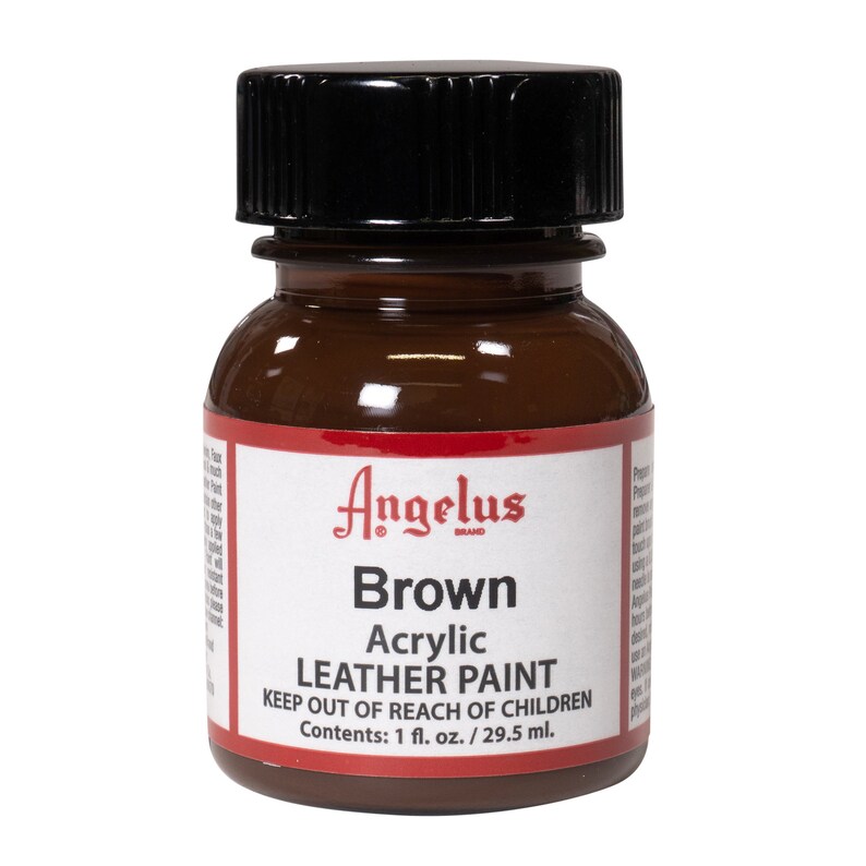 May include: A small brown bottle of Angelus brand Brown Acrylic Leather Paint. The bottle has a black cap and a white label with the text "Angelus Brown Acrylic Leather Paint Keep Out of Reach of Children Contents: 1 fl. oz. / 29.5 ml."