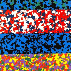 May include: Four horizontal strips of fabric with a camouflage pattern. The top strip is blue, green, and black. The second strip is red, white, and black. The third strip is blue and black. The bottom strip is yellow, red, green, purple, and black.