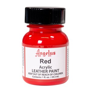 May include: A small bottle of red Angelus brand acrylic leather paint. The bottle is labeled "Red Acrylic Leather Paint" and "Keep out of reach of children". The bottle contains 1 fluid ounce or 29.5 milliliters of paint.