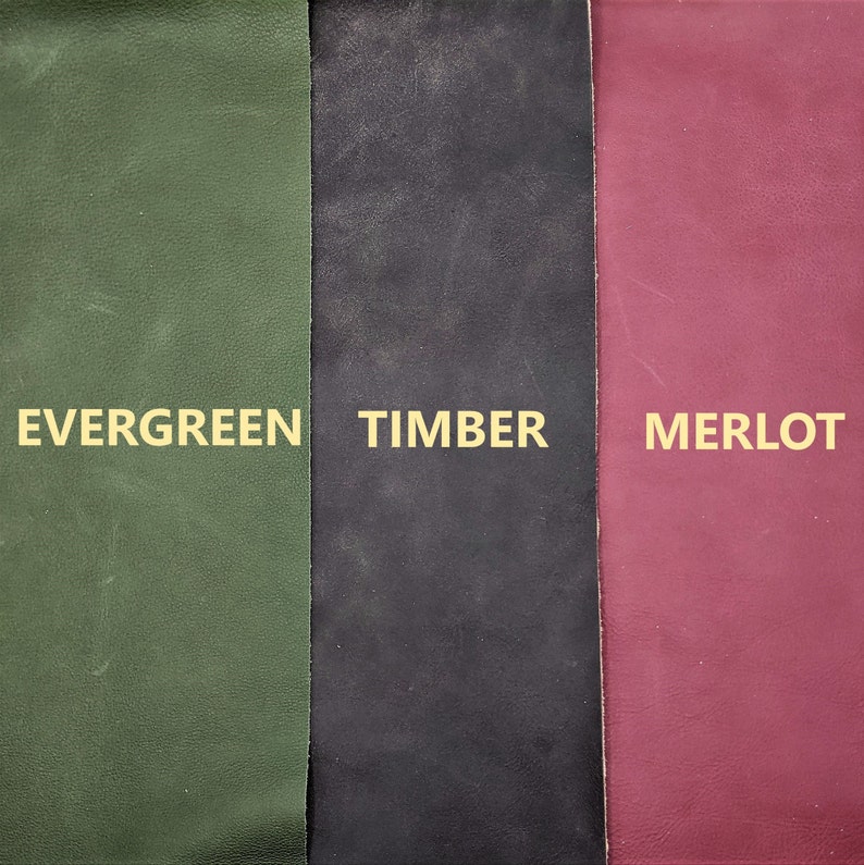 May include: Three leather swatches in different colors: evergreen green, timber brown, and merlot red.