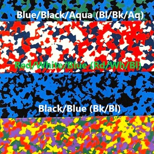 May include: Four different patterned fabric swatches. The first swatch is blue, black, and aqua. The second swatch is red, white, and blue. The third swatch is black and blue. The fourth swatch is a confetti pattern with red, yellow, green, purple, and black.