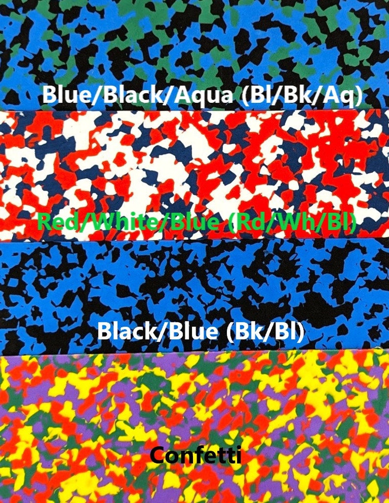 May include: Four different patterned fabric swatches. The first swatch is blue, black, and aqua. The second swatch is red, white, and blue. The third swatch is black and blue. The fourth swatch is a confetti pattern with red, yellow, green, purple, and black.