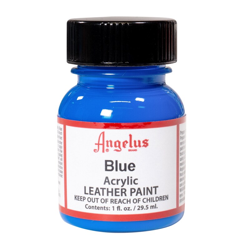 May include: A small blue bottle of Angelus brand acrylic leather paint. The label reads "Blue Acrylic Leather Paint, Keep out of reach of children, Contents: 1 fl. oz. / 29.5 ml."