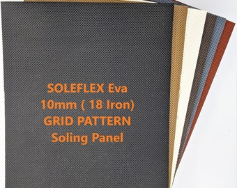 May include: A stack of 10mm thick EVA foam sheets in various colors, including black, brown, beige, and gray. The sheets have a grid pattern and are labeled "SOLEFLEX Eva 10mm (18 Iron) GRID PATTERN Soling Panel".