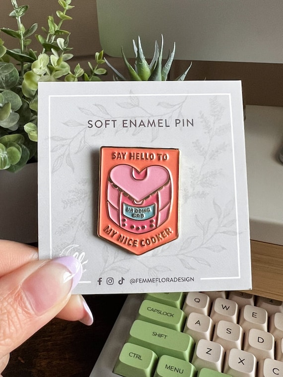 Say Hello to My Nice Cooker ur Doing Gr8 Japanese Heart-shaped Rice Cooker  Pink Pastel Soft Enamel Pin 