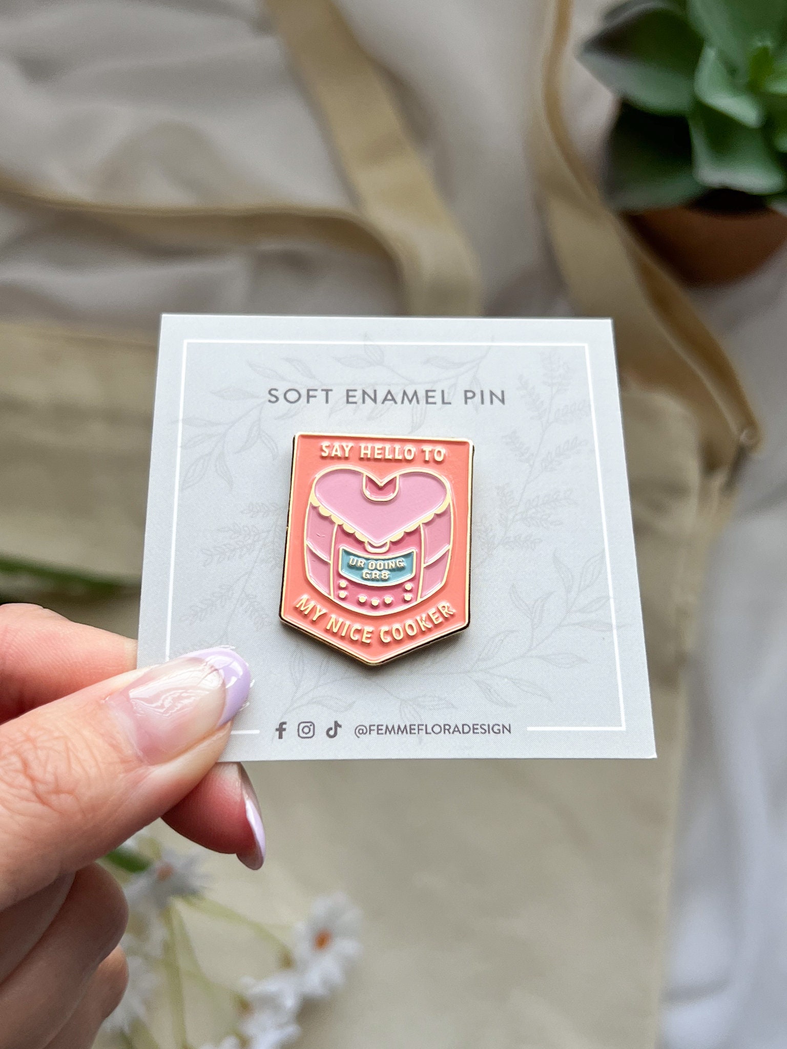 Say Hello to My Nice Cooker ur Doing Gr8 Japanese Heart-shaped Rice Cooker  Pink Pastel Soft Enamel Pin 