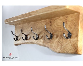Coat Rack with shelf fitted with premium quality cast iron hooks, handcrafted from solid oak wood.