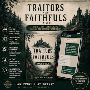 Op de afbeelding: Een bordspel genaamd "Traitors and Faithfuls Game" met een hostgids en een smartphone met een chatinterface. Het spel is ontworpen voor 8-12 spelers en bevat berichtsjablonen. Het thema van het spel is sociale deductie.