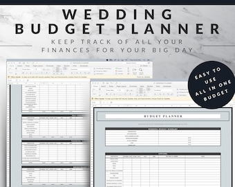 May include: A wedding budget planner displayed as a spreadsheet. The title "WEDDING BUDGET PLANNER" is prominent, with the text "KEEP TRACK OF ALL YOUR FINANCES FOR YOUR BIG DAY" underneath. The planner is designed to help manage wedding finances.