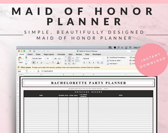 May include: A digital Maid of Honor planner displayed on a computer screen. The planner includes sections for a detailed budget and itinerary. The text reads "MAID OF HONOR PLANNER" and "INSTANT DOWNLOAD".