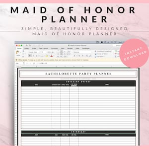 May include: A digital Maid of Honour planner displayed on a computer screen. The planner includes sections for a detailed budget and itinerary. The text reads "MAID OF HONOR PLANNER" and "INSTANT DOWNLOAD".