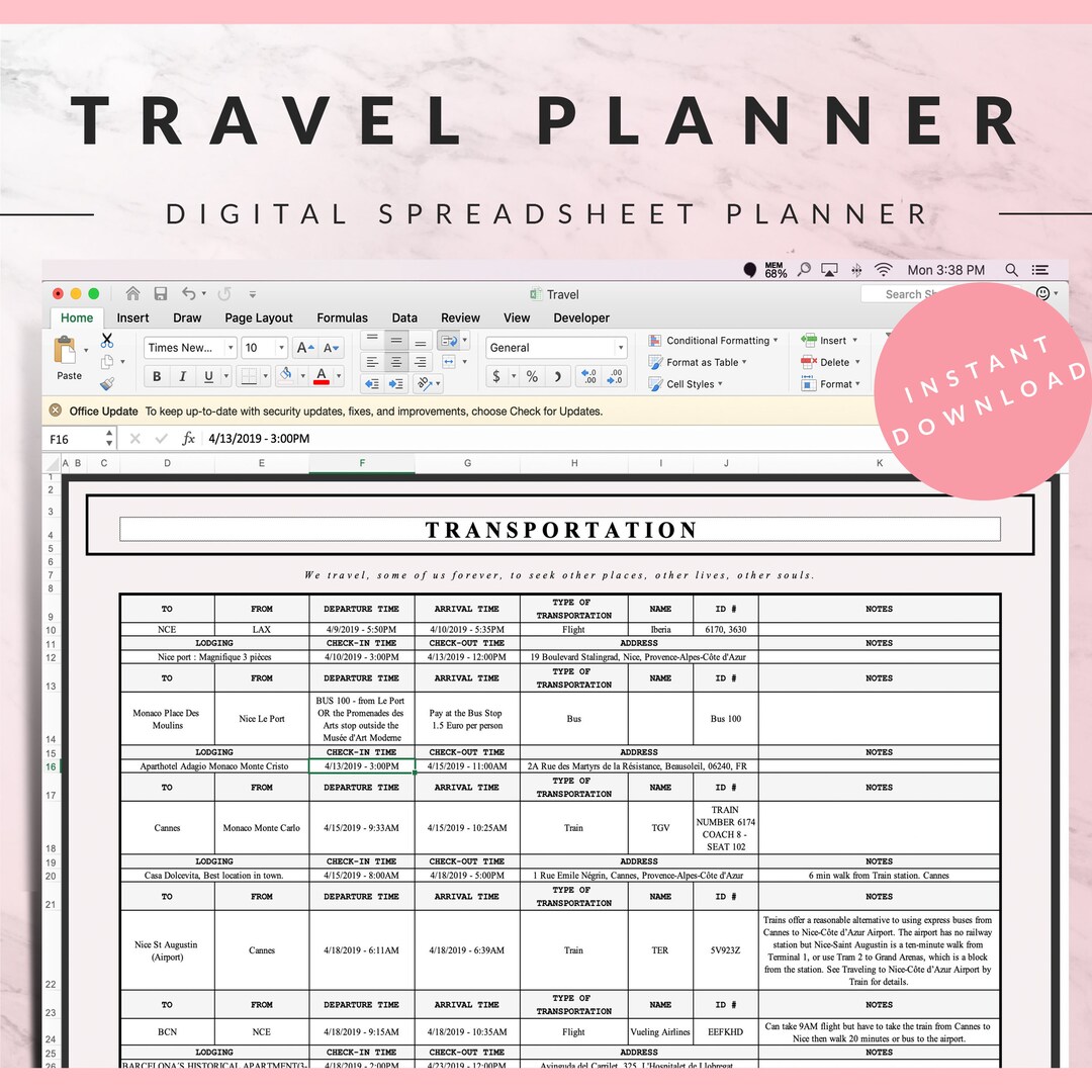 Digital Travel Planner Pink Vacation Spreadsheet Excel Spreadsheet and ...