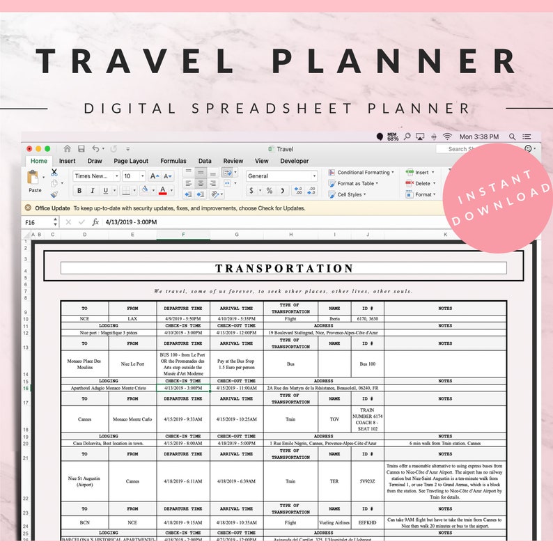 excel spreadsheet travel planner