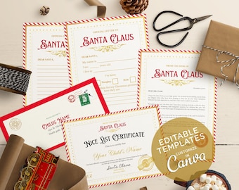 May include: Printable Christmas letter templates for Santa Claus. The templates are editable in Canva and include a letter to Santa, a nice list certificate, and a letter from Santa. The templates are decorated with red and gold stripes and have a festive Christmas theme.