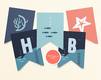Banner Digital, Banner imprimible EDITABLE, Decoración de fiesta bajo el mar, Bajo el estandarte del océano, Bajo el mar Feliz cumpleaños Banner imprimible