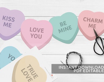 Candy Heart Bunting valentine/'s idea conversation hearts galentine banner party decor bunting flag party printables pastel colors