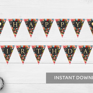 PRINTABLE Happy Birthday Banner, Black and gold birthday banner, Floral Bunting,Floral Birthday Decor,Floral, Flower Banne, Instant download