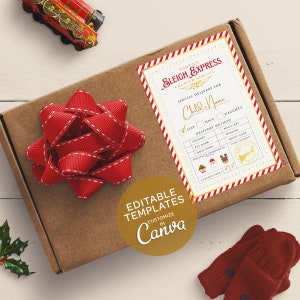 Wydrukowane etykiety na prezenty pocztowe z warsztatem Świętego Mikołaja, etykieta wysyłkowa North Pole Postal Express, wysyłka poczty elfów, etykieta adresowa na Boże Narodzenie