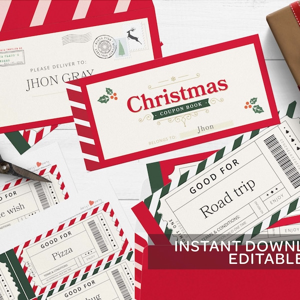 EDITABLE Christmas Coupon Book, Christmas Coupon Template,Printable Voucher,Christmas Gift Certificate, Custom Christmas Coupon, Xmas coupon