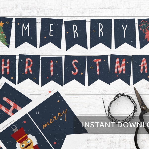 Merry Christmas Banner, Merry Christmas Bunting Garland, Christmas Decoration, Xmas Printable, Christmas Prints, Christmas Banner, PDF file