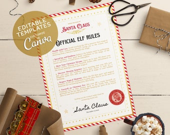 May include: A printable PDF document with red and white stripes and a gold border. The document is titled "Official Elf Rules" from Santa Claus. The rules include: Handle with Care, Spread Joy and Kindness, Share Your Christmas Dreams, Discover Morning Surprises, Respect Magical Moments, Farewell on Christmas Eve.