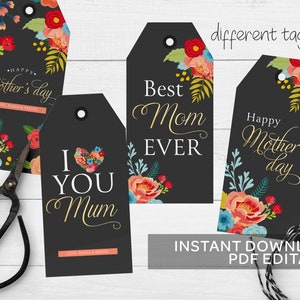 HAPPY MOTHER&#39;S Day Printable Gift Tags, Editable Personalized Gift Favor Tags Template with Pink Hearts, Custom Food Labels Instant Download