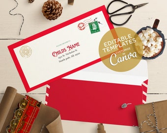 May include: Red and white envelope with a red border and a white label with the text "PLEASE DELIVER TO CHILDS NAME 2512 St. Nicholas St. North pole, AK 25122". The envelope is on a wooden surface with a brown paper roll, a pine cone, a red and white striped ribbon, a brown gift box with twine, a mug of hot chocolate with marshmallows, and a pair of scissors. The label also has a red and white stamp with a reindeer and a green and white stamp with a Santa Claus.