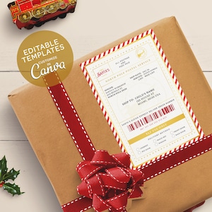 Wydrukowane etykiety pocztowe na prezenty z warsztatem Świętego Mikołaja, etykieta wysyłkowa North Pole Postal Express, wysyłka pocztą elfów, etykieta do dostawy specjalnej
