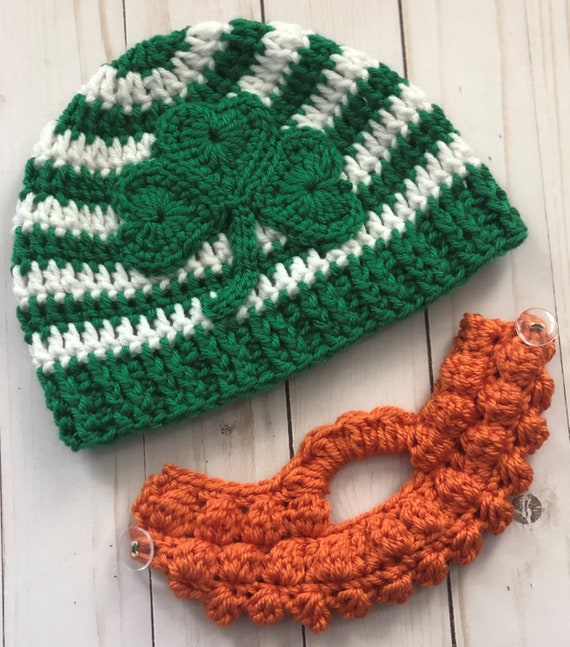 Shamrock Hat & Beard Set, St. Patrick's Day Beanie, Leprechaun Costume Prop
