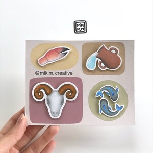 Pretty Beige Oro Acquerello zodiacale Pesci Acquario Cancro Aries Card, Qualsiasi occasione ad effetto manuale acquerello verniciato Notecard con cutout