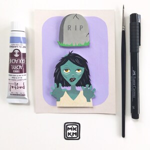 Funny Cute Zombie Emoji Meme Notecard, Original Handmade Watercolor Gouache Card, RIP Zombie Death Theme Card