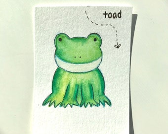 Cute Green Frog Toad, Children's Illustration Style Card Painting, Mini Watercolor Cute Smiling Whimsical Toad Card