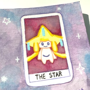 Cartão de aquarela mágico caprichoso bonito, pintura artesanal de estrela de tarô Pokémon Go Jirachi, arte de pintura Pokémon Kawaii, cartão estrela de tarô rosa
