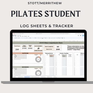 Könnte beinhalten: Ein Laptop-Bildschirm zeigt eine Tabellenkalkulation mit einem Pilates-Schüler-Logbuch und -Tracker. Die Tabellenkalkulation enthält Abschnitte für Matwork, Reformer, körperliche Überprüfung, Übungsunterricht und Beobachtungen. Die Tabellenkalkulation enthält auch einen Countdown-Timer für die Anzahl der Tage, die noch bis zum Abschluss des Programms verbleiben. Der Text auf dem Bildschirm lautet "STOTT/MERRITHEW PILATES STUDENT LOG SHEETS & TRACKER" und "STOTT Pilates Comprehensive Hours".