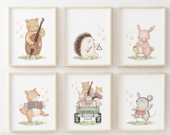 Musical Animal Nursery Print, Neutral Nursery Wall Art, Woodland Nursery Decor, Music Theme nursery, Animals Playing Instruments