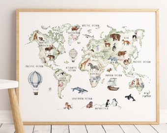 Animal World Map Print, Educational Poster, Nursery Decor, Nursery Map, Childrens Room Decor,World Map Wall Art, Nursery Wall Art, Kids Room