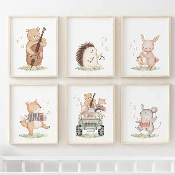 Musical Animal Nursery Print, Neutral Nursery Wall Art, Woodland Nursery Decor, Music Theme nursery, Animals Playing Instruments