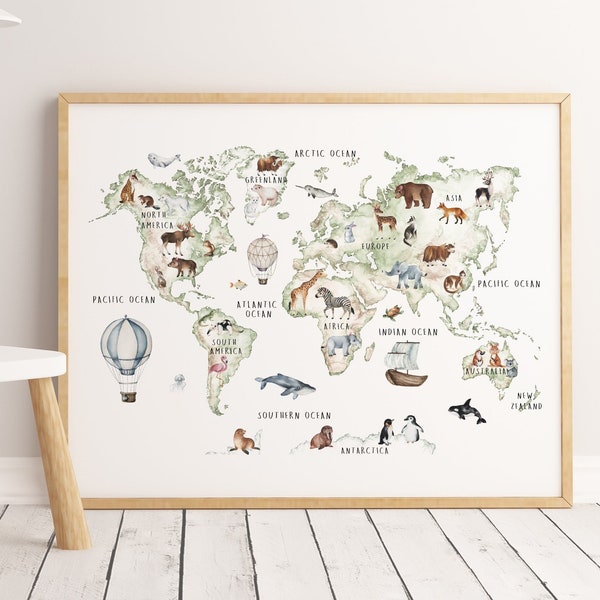 Animal World Map Print, Affiche éducative, Décoration de crèche, Carte de la crèche, Décoration de la chambre des enfants, Carte du monde Art mural, Art mural de la crèche, Chambre d’enfants