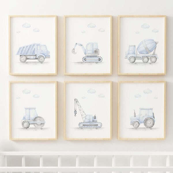 Construction Vehicle Prints,Truck Nursery Set,Blue Grey Nursery,Baby Boy Print,New Baby Printable,Blue Nursery Poster,Neutral Nursery Print