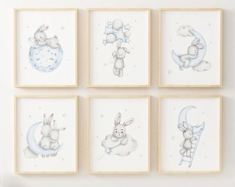Set of 6 Bunny Print,Bunny Nursery Decor,Baby Boy Print,New Baby Printable, Light Blue Nursery Poster, Bunny Nursery Print, Bunny Wall Art