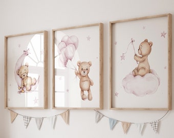 Ensemble de 3 ours en peluche impression, décor de pépinière ours, impression de bébé fille, nouveau bébé imprimable, affiche de pépinière rose, décoration murale de pépinière de ballon, impression de pépinière