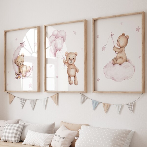 Set of 3 Teddy Bear Print,Bear Nursery Decor,Baby Girl Print,New Baby Printable,Pink Nursery Poster,Balloon Nursery Wall Decor,Nursery Print