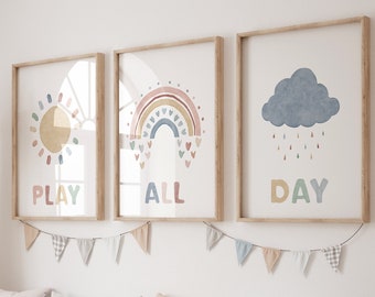 Rainbow Decor, Neutral Nursery Print, Sunshine Rainbow Cloud Heart Print,Boho Nursery Art,Playroom Sign, Gender Neutral Decor, Play All Day