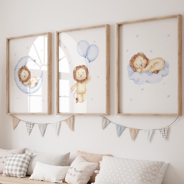 Set of 3 Lion Print,Lion Nursery Decor,Baby Boy Print,New Baby Printable,Light Blue Nursery Poster, Balloon Nursery Wall Decor, Toddler Room