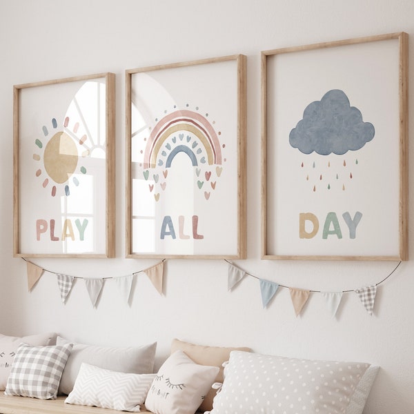 Decoración del arco iris, impresión neutral del vivero, impresión del corazón de la nube del arco iris del sol, arte del vivero boho, letrero de la sala de juegos, decoración neutral del género, jugar todo el día