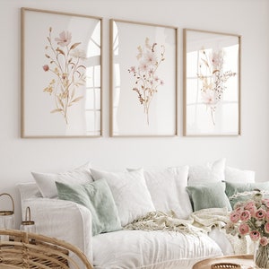 Wildflower Print Light Pink Floral Wall Art Pink Beige Home